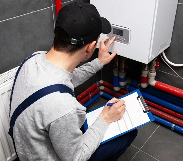 Technicien inspectant une chaudière et prenant des notes, avec des tuyaux colorés visibles à Bois-d'Arcy dans les Yvelines 78