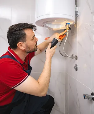 Un homme en uniforme de travail répare un chauffe-eau électrique avec une lampe de poche à Bois-d'Arcy dans les Yvelines 78